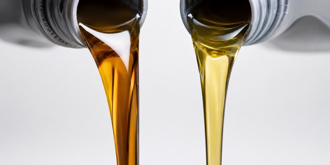 Two streams of motor oil of slightly different viscosity pouring side by side