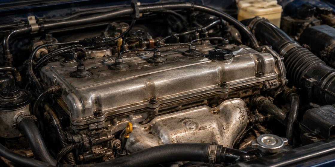 An older well-kept engine with a light fresh oil sheen on the valve cover