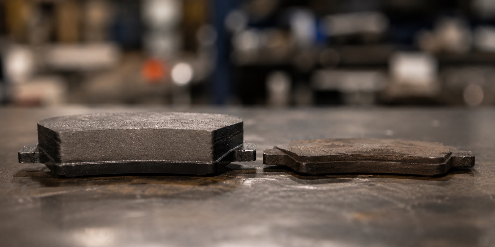 A thick new brake pad next to a thin, worn-down brake pad on the workbench, showing how much friction material wears away