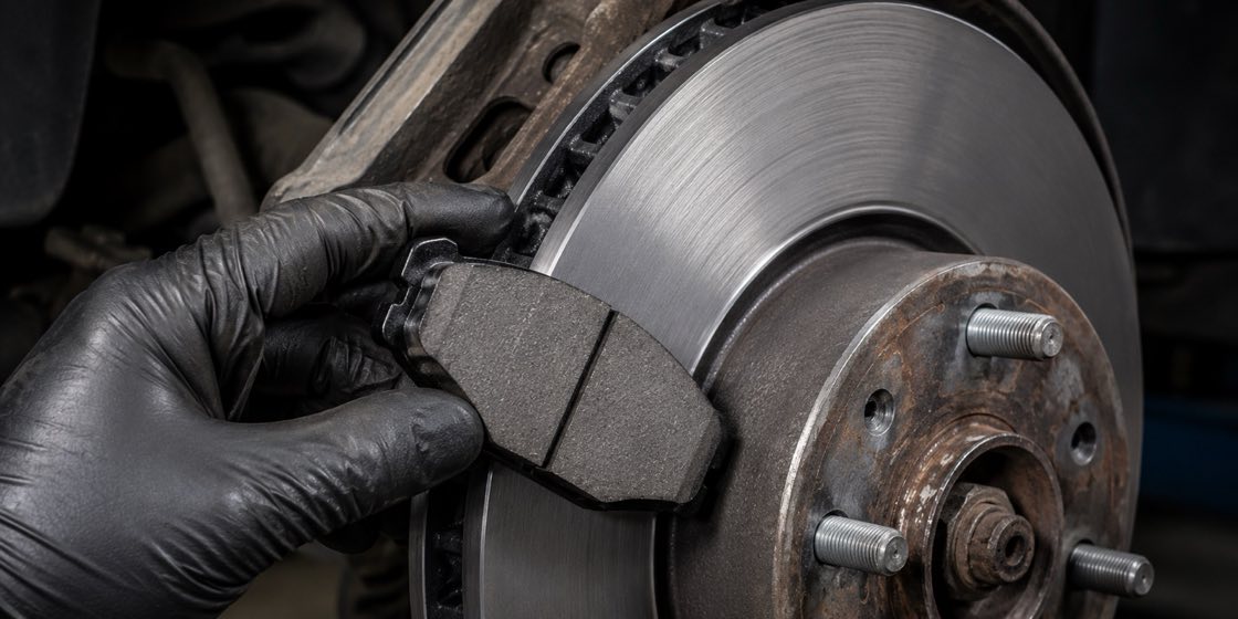 A gloved hand holding a new brake pad against the surface of a rotor