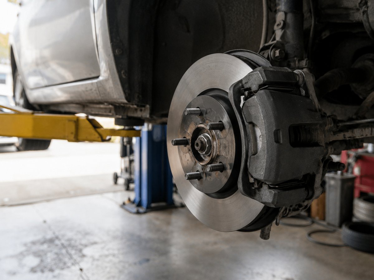 A car on the lift with the wheel removed, showing the brake rotor and caliper at Dad's Auto Repair Shop