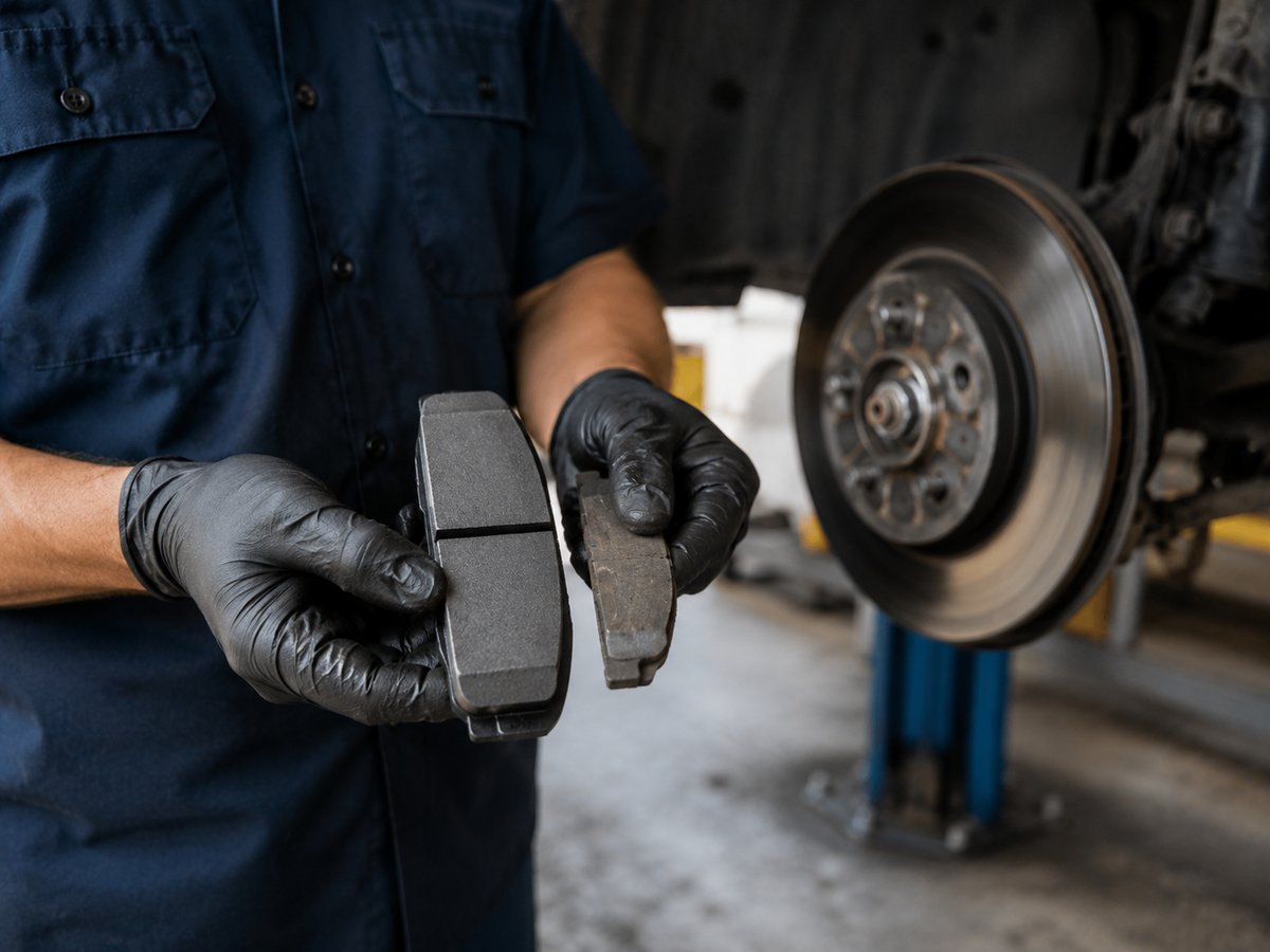 A Dad's Auto Repair mechanic holding a new brake pad next to a worn one, brake rotor behind