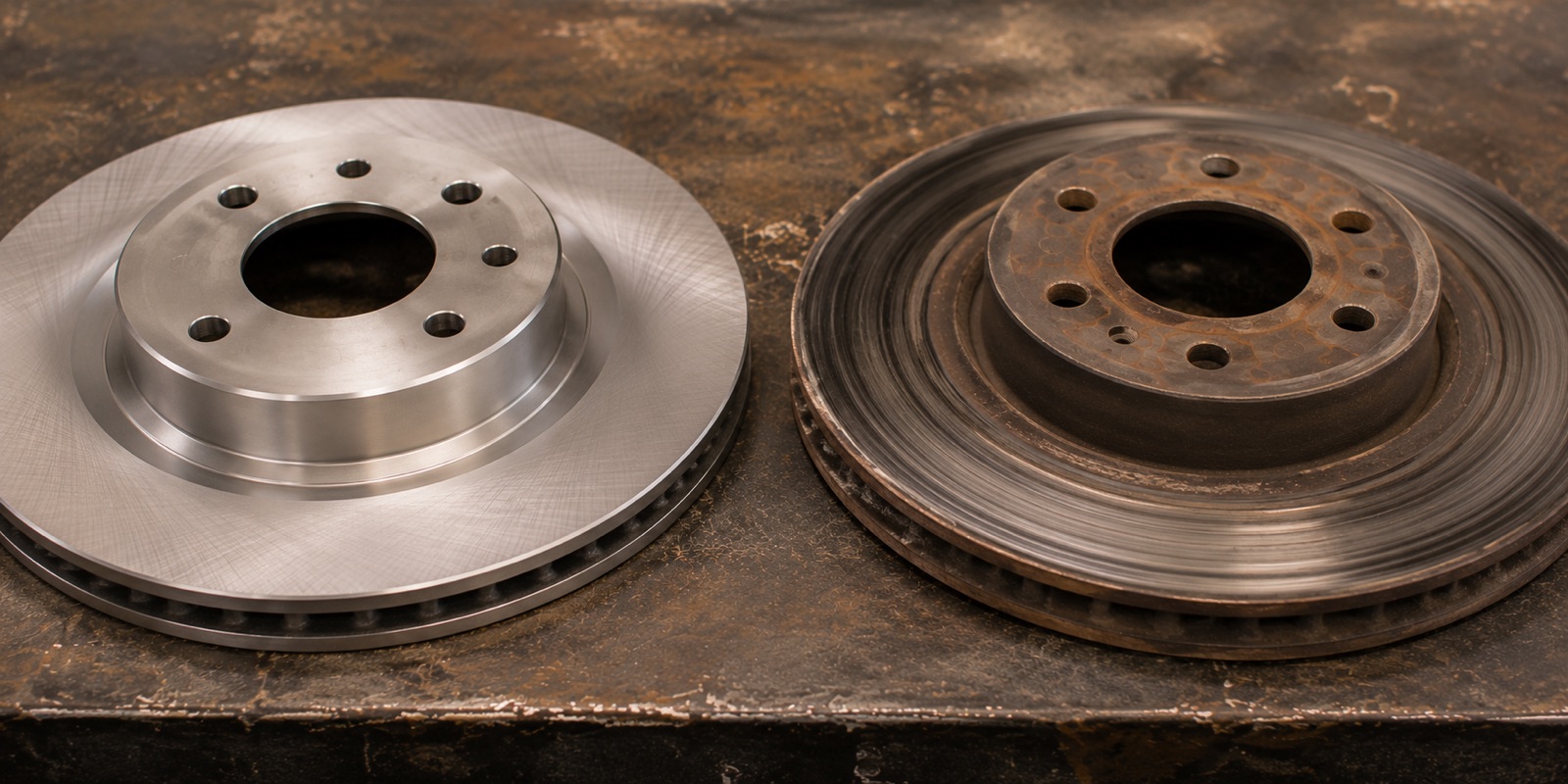 A smooth new brake rotor beside a worn, rusted rotor on the workbench, showing the difference wear makes