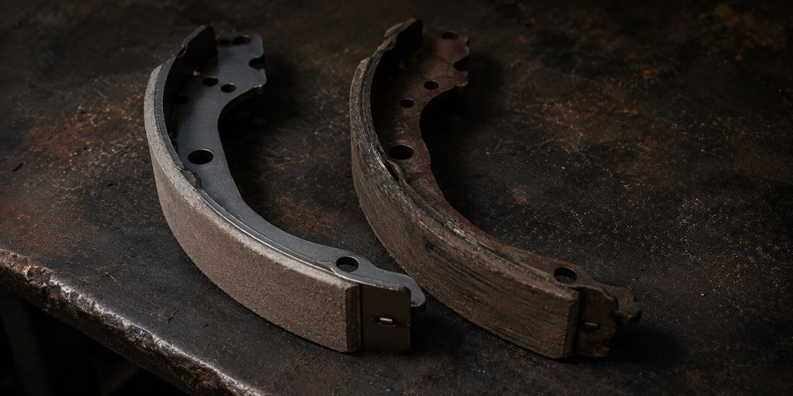 A new brake shoe next to a worn one, showing how much friction material wears away
