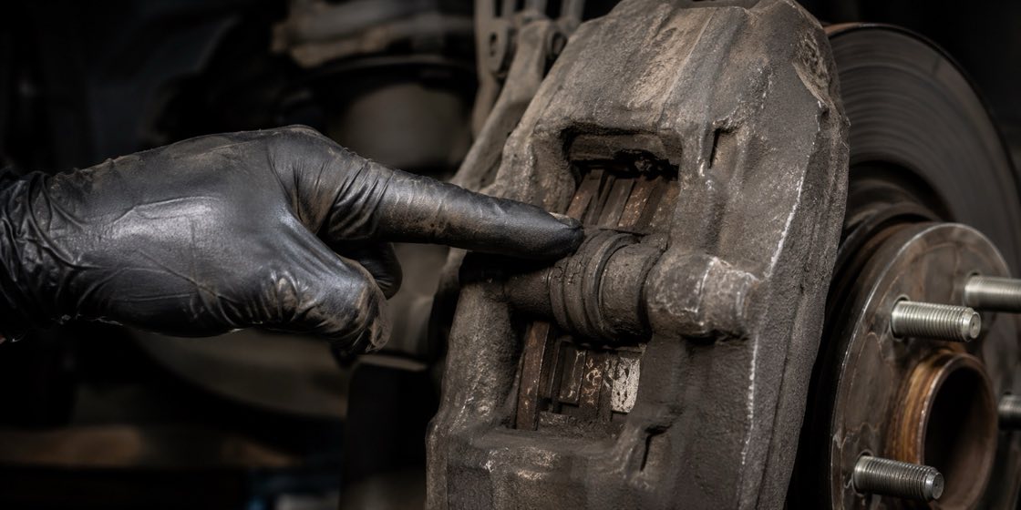 A mechanic's gloved hand pointing at a problem on a worn brake caliper