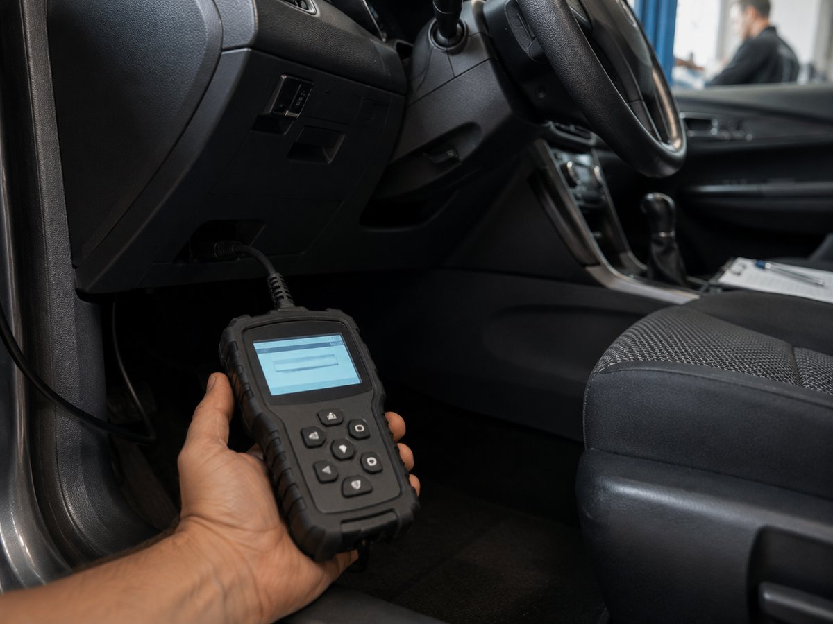 A mechanic holding an OBD-II diagnostic scanner inside a car during a Georgia emissions test at Dad's Auto Repair Shop