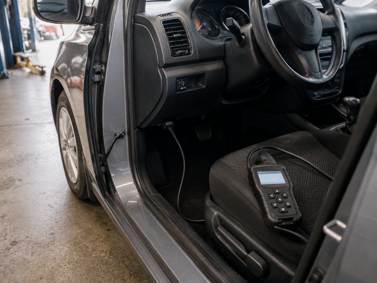 An OBD-II scanner plugged in and resting on the seat during an emissions test, car door open, at Dad's Auto Repair Shop
