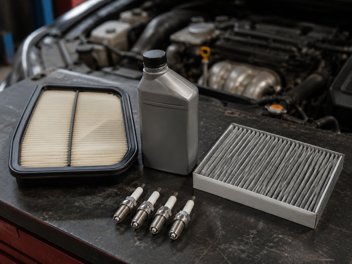A new engine air filter, oil, cabin air filter and spark plugs laid out for the Dad's maintenance package