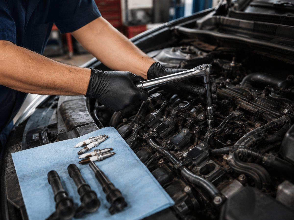 A Dad's Auto Repair mechanic torquing a new spark plug, old plugs laid out on a shop towel