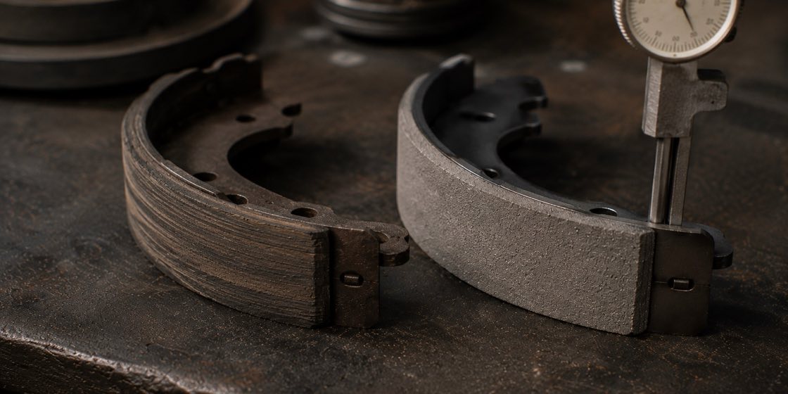 A worn brake shoe measured against a new one with a gauge