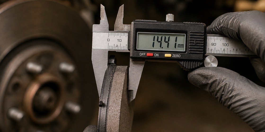 A mechanic measuring the thickness of a new brake pad with a digital caliper