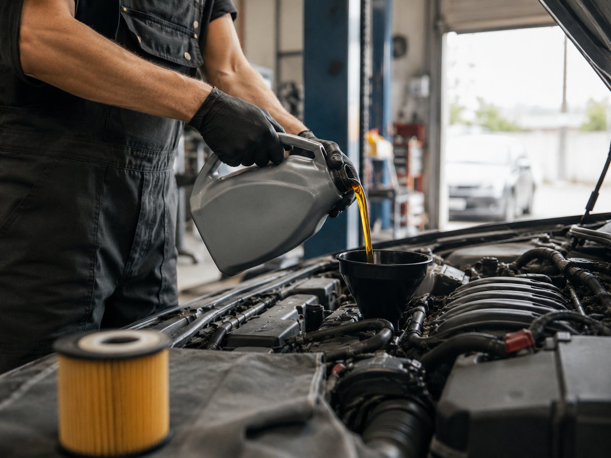 A mechanic pouring fresh full-synthetic oil into an engine at Dad's Auto Repair Shop, a new oil filter in the foreground