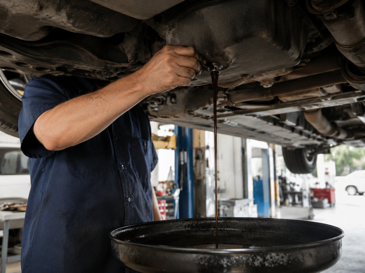 A mechanic draining used oil from a car on the lift into a catch pan at Dad's Auto Repair Shop