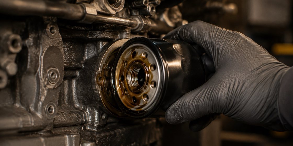 A mechanic's gloved hand threading a fresh oil filter onto the engine during an oil change