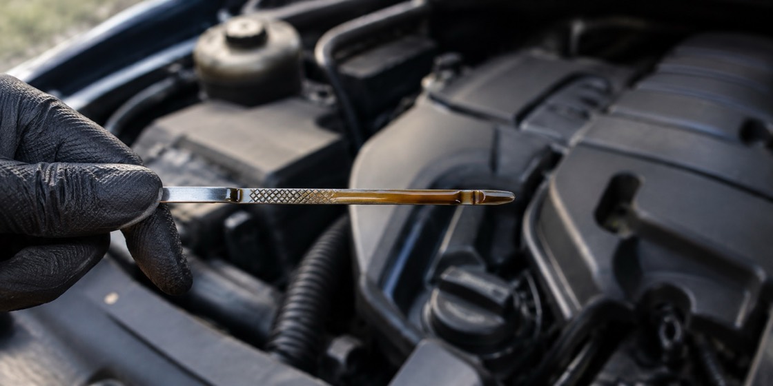 A dipstick pulled from the engine showing slightly darkened oil