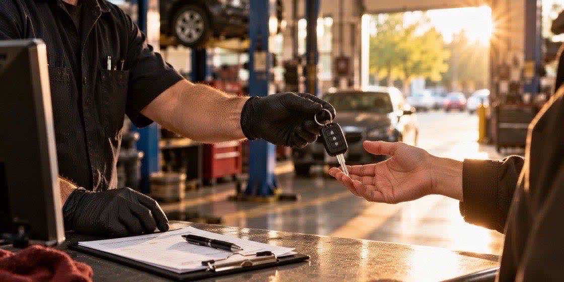 A mechanic's gloved hand handing car keys back to a customer across a clean shop counter