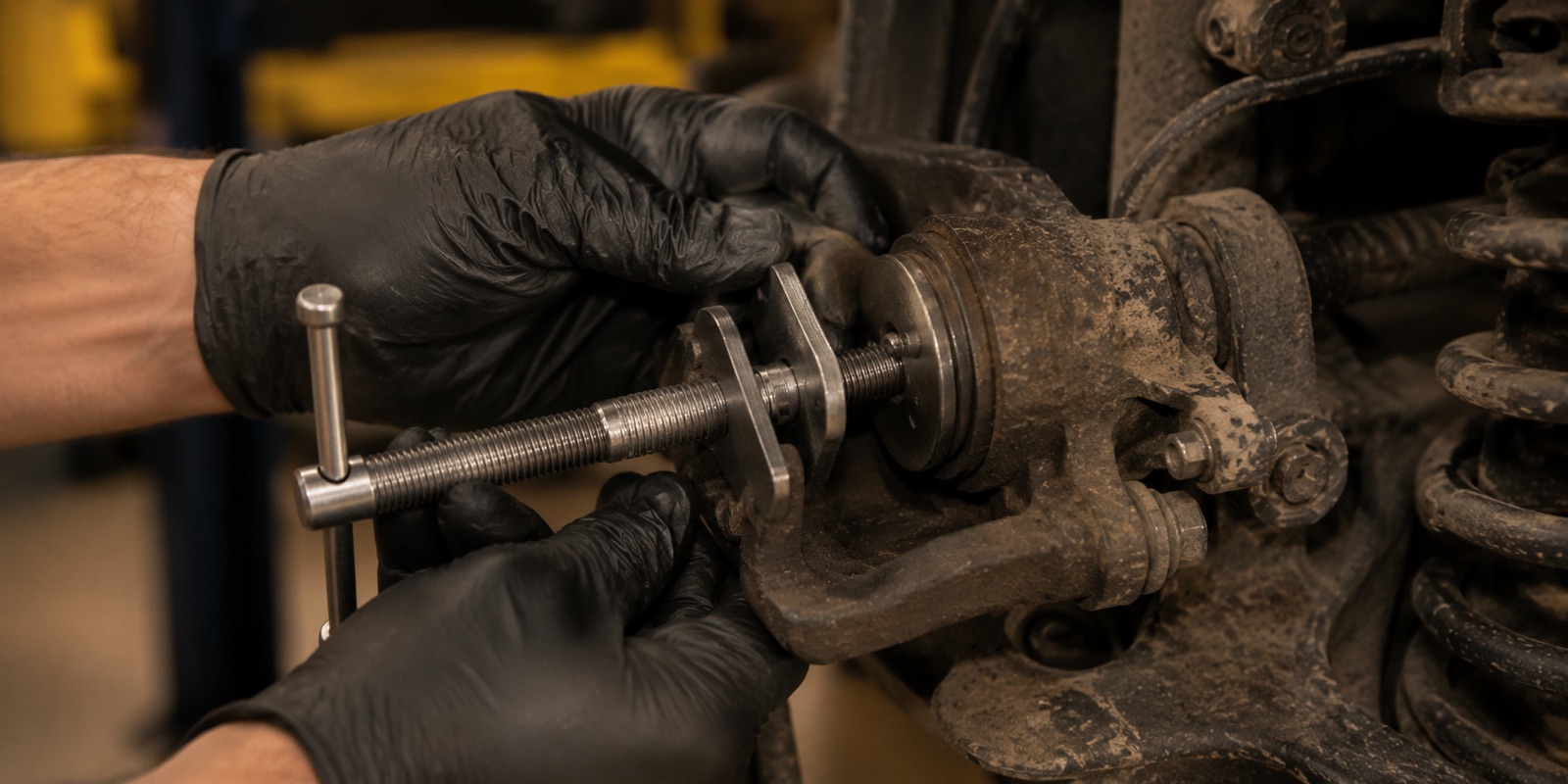 A mechanic using a wind-back tool to retract the rear brake caliper piston during a rear brake job
