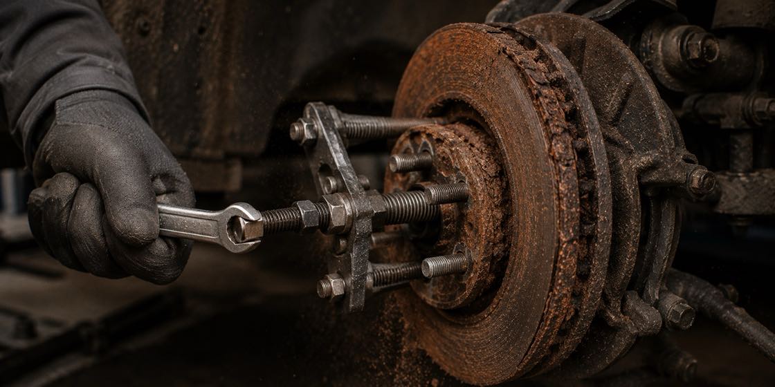 A mechanic using a puller to force a rust-seized brake rotor off the hub