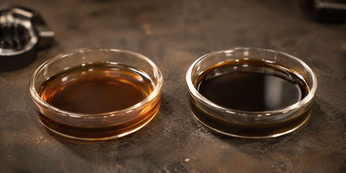 Two small dishes of motor oil showing slightly different color and viscosity