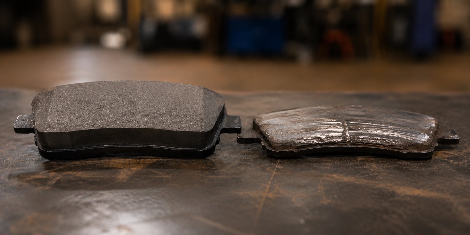 A thick new brake pad next to a worn pad ground down to a thin sliver, side by side on the workbench